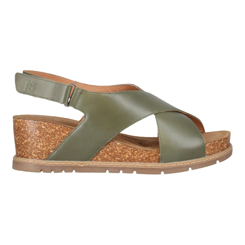 Josef Seibel Eden 01 ladies olive leather sandal with touch-fastening straps and cork wedge sole.