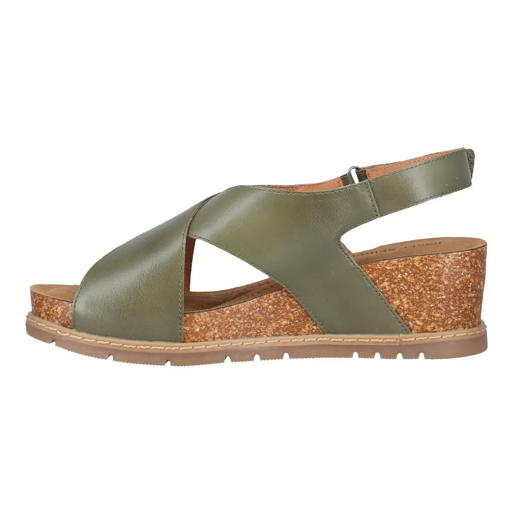 Josef Seibel Eden 01 ladies olive leather wedge sandal with touch fastening straps and cork footbed.