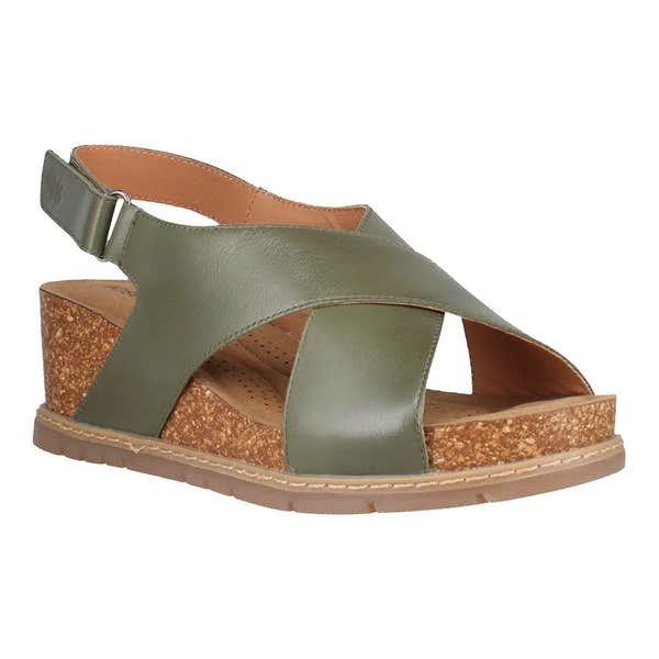 Josef Seibel Eden 01 women's olive leather touch-fastening sandal with cork wedge sole and open toe design.