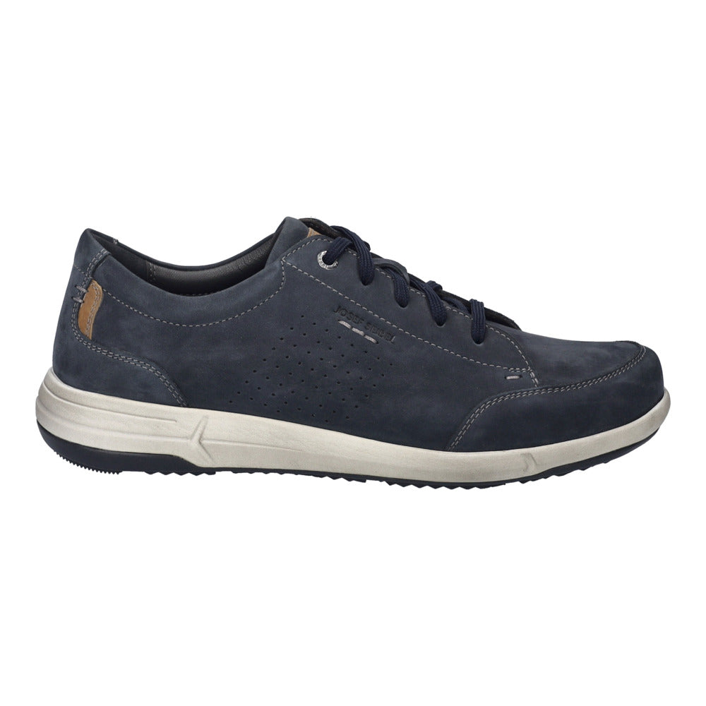 Josef Seibel Enrico 30 men's navy blue leather lace-up shoes with arch support and perforated design.