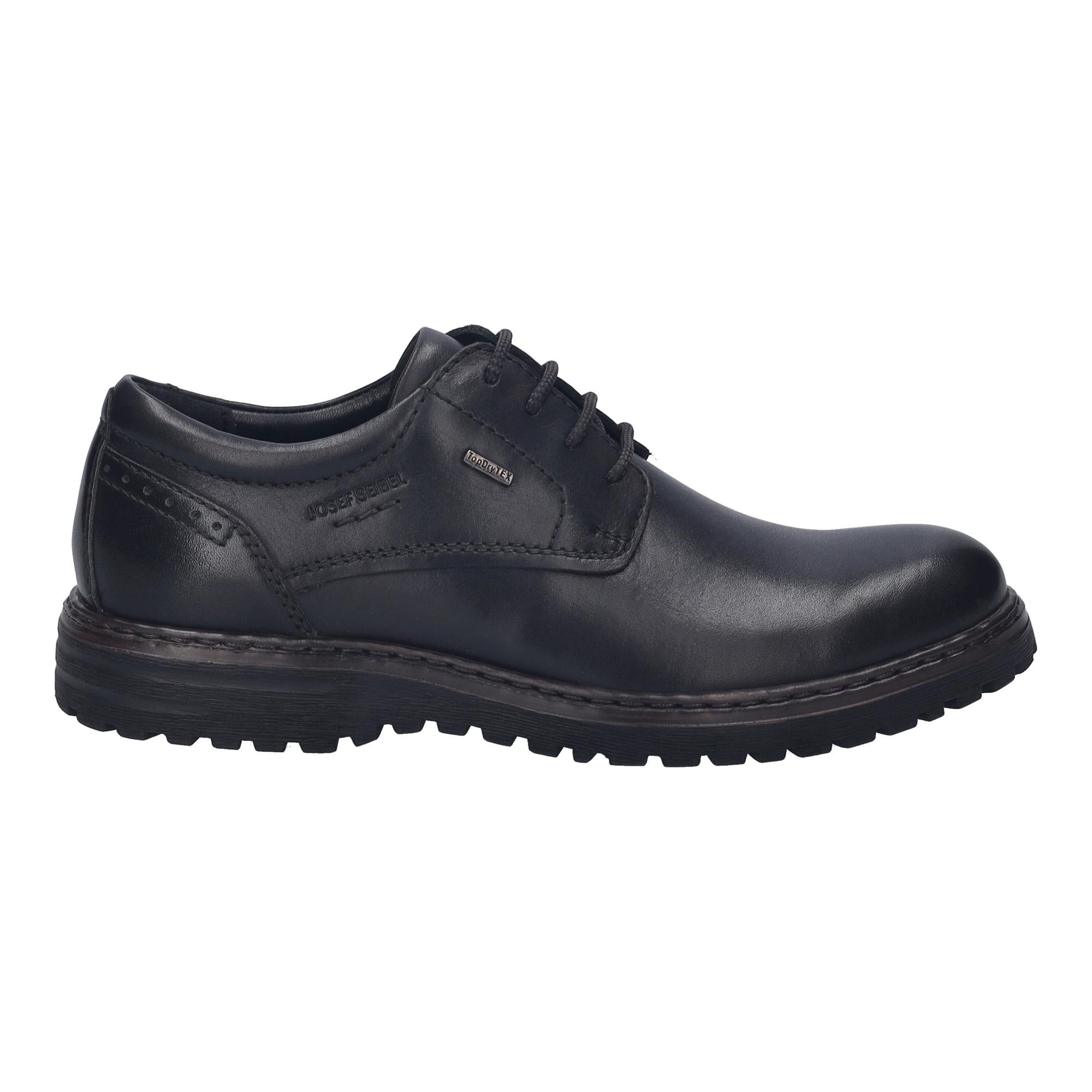 Men's black leather waterproof lace-up shoe with arch support by Josef Seibel, featuring ToDryTEX waterproof technology.