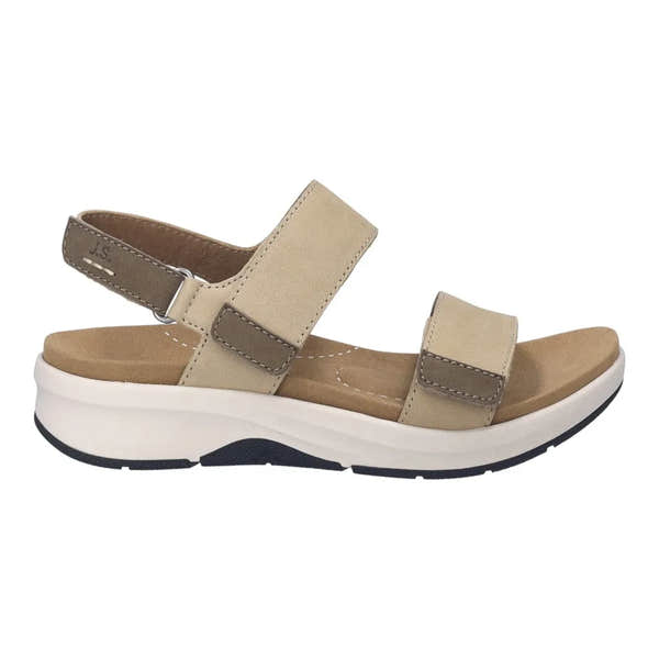 Josef Seibel Estelle 04 ladies beige leather sandals with touch fastenings and a chunky white and black sole.