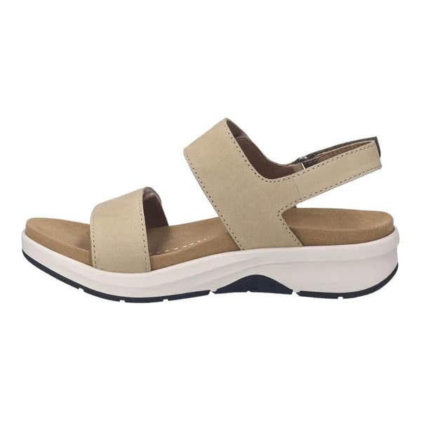 Beige leather touch-fastening women's sandals with cushioned insole and chunky white and black sole.