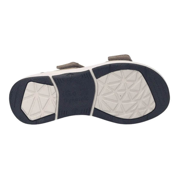 Beige leather sandal with touch fastenings, black and white textured sole, and cushioned design for comfort.