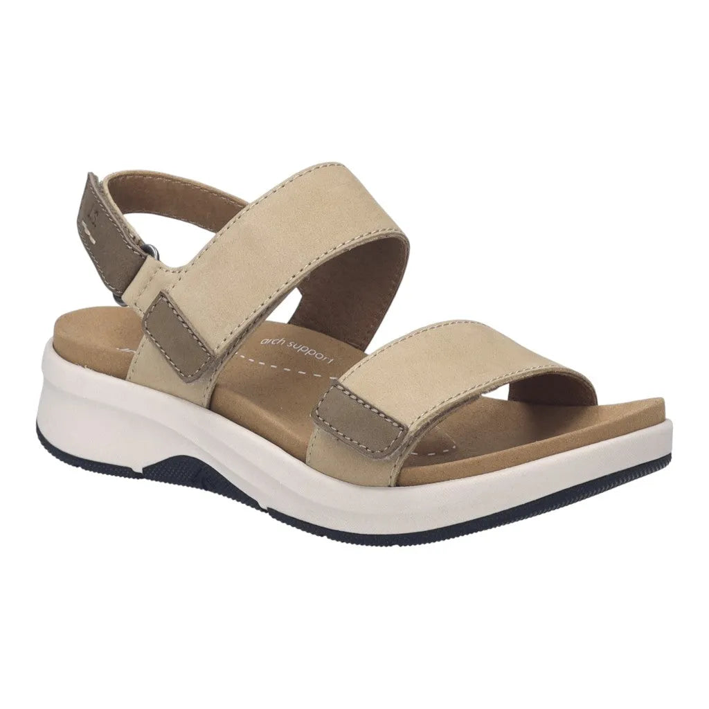 Beige leather open-toe sandal with adjustable touch-fastening straps, cushioned insole, white and black rubber sole.