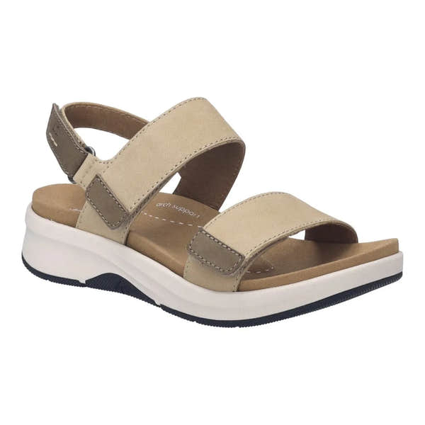 Beige leather open-toe sandal with adjustable touch-fastening straps, cushioned insole, white and black rubber sole.