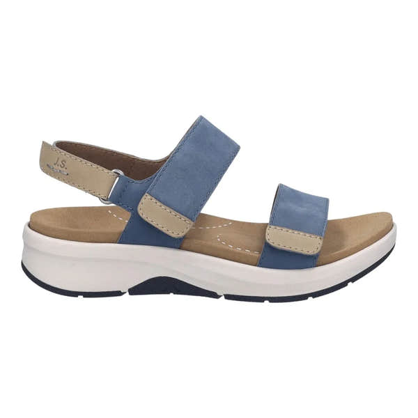 Josef Seibel Estelle 04 women's slip-on sandals with slate blue leather-touch straps and fastenings, cushioned insole, and white and black sole.