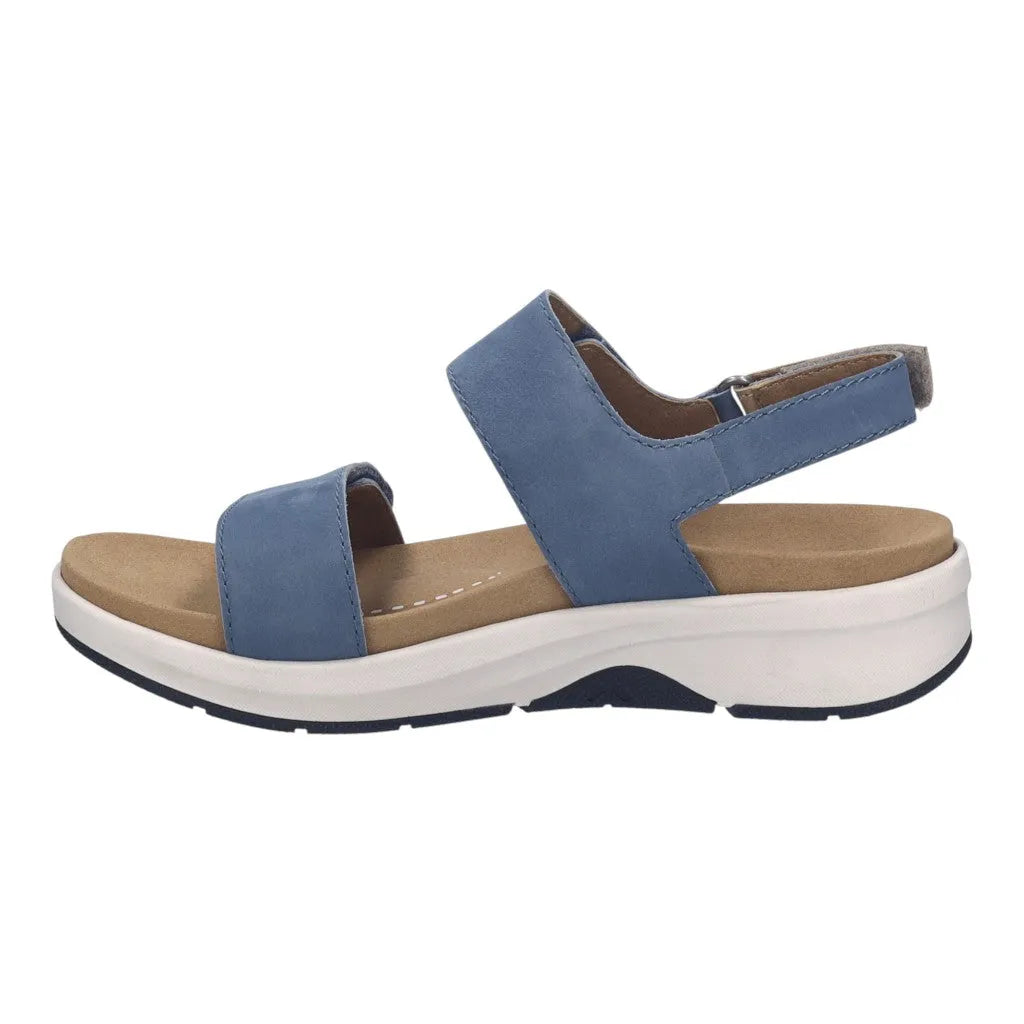 Josef Seibel Estelle 04 women's slip-on sandals in slate blue with leather touch fastening, cushioned footbed, and sporty white sole.