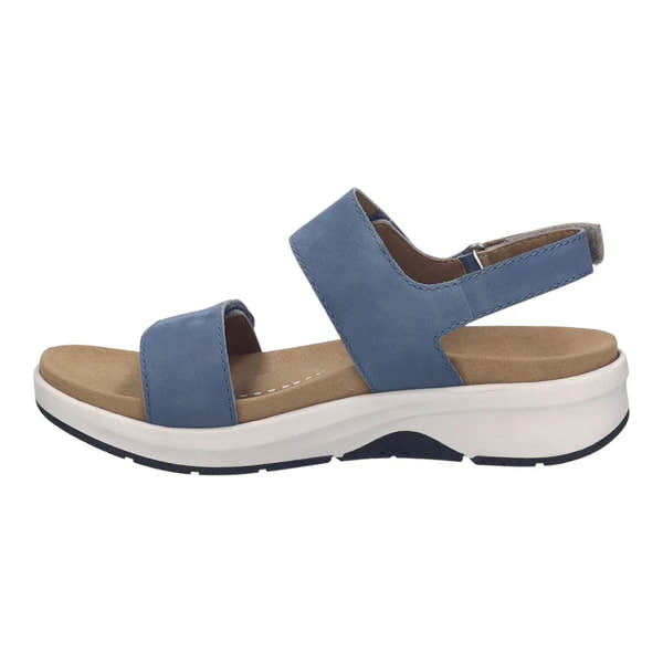 Josef Seibel Estelle 04 women's slip-on sandals in slate blue with leather touch fastening, cushioned footbed, and sporty white sole.