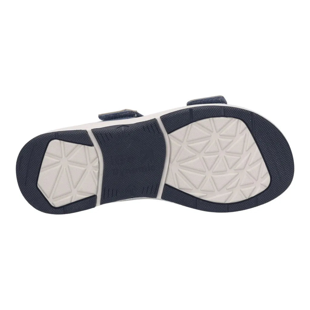 Josef Seibel Estelle 04 women's slate blue leather touch fastening sandals with flexible rubber outsole.