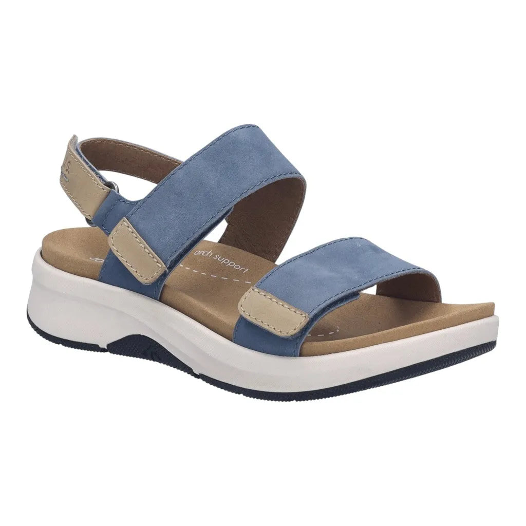 Josef Seibel Estelle 04 women's blue leather touch fastening sandals with cushioned insole and white and black rubber sole.