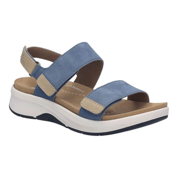 Josef Seibel Estelle 04 women's blue leather touch fastening sandals with cushioned insole and white and black rubber sole.