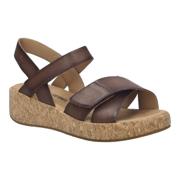 Josef Seibel Evita 03 women's cognac leather touch fastening sandals with cork wedge sole and multiple straps.