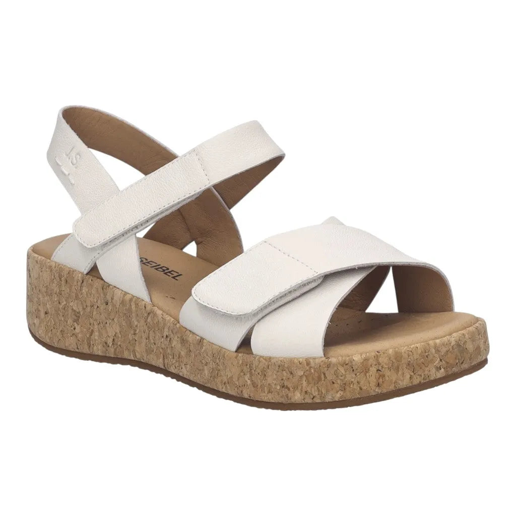 Josef Seibel Evita 03 ladies white leather sandals with touch-fastening straps and a cork wedge sole.