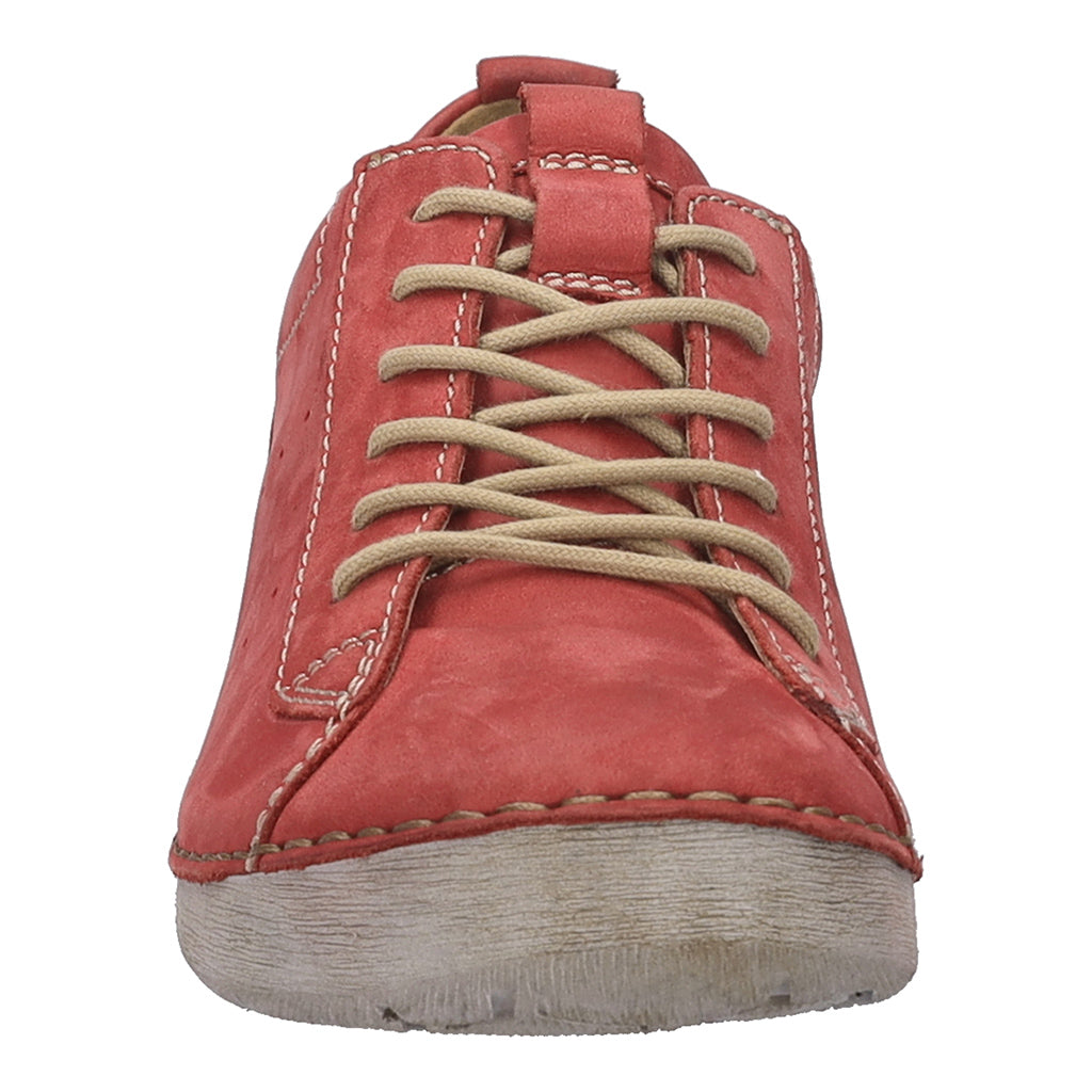 Josef Seibel Fergey 56 Ladies Hibiscus leather lace-up trainers with arch support and beige laces, front view.