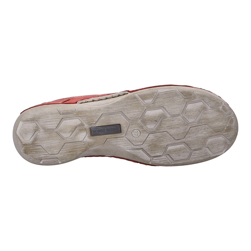 Josef Seibel Fergey 56 Ladies Hibiscus leather lace-up trainers with arch support, rubber outsole, and hexagonal tread pattern.