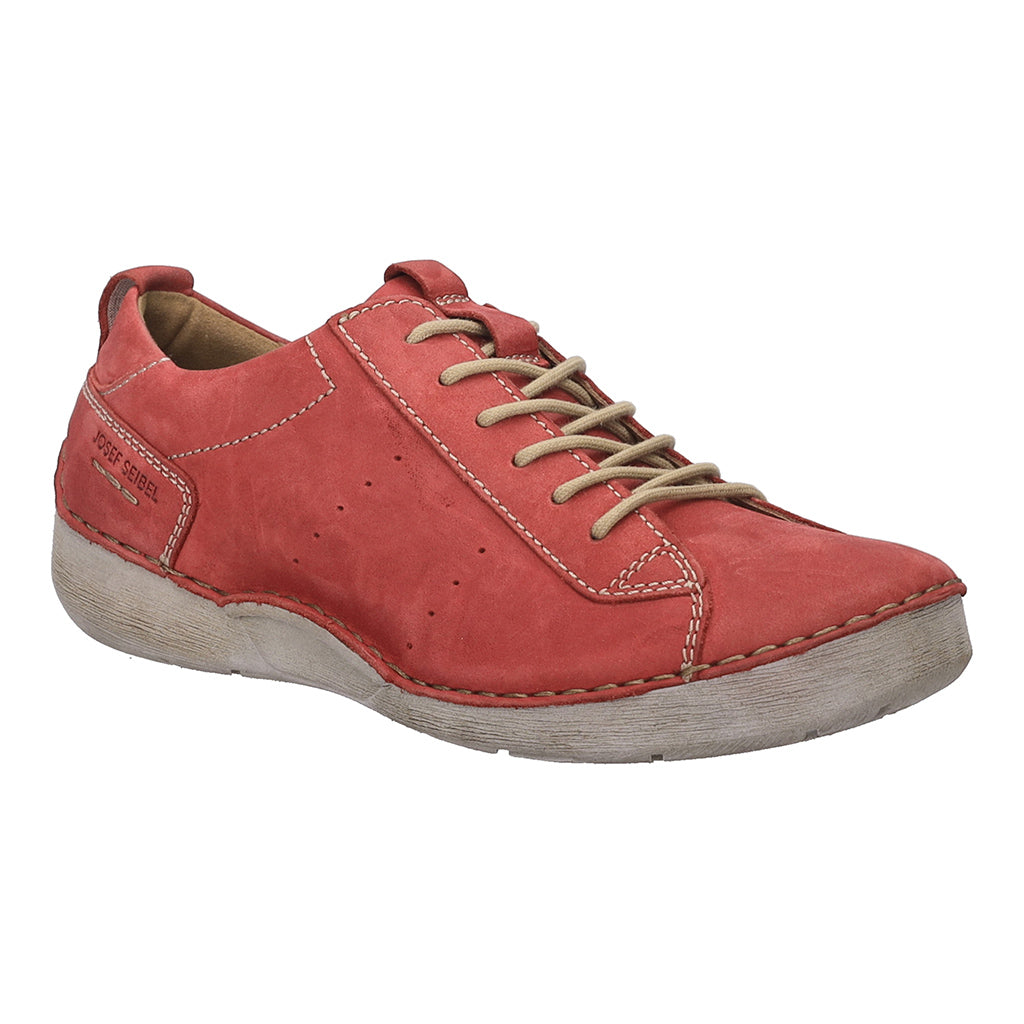 Josef Seibel Fergey 56 Ladies Hibiscus leather lace-up trainers with arch support and beige laces.