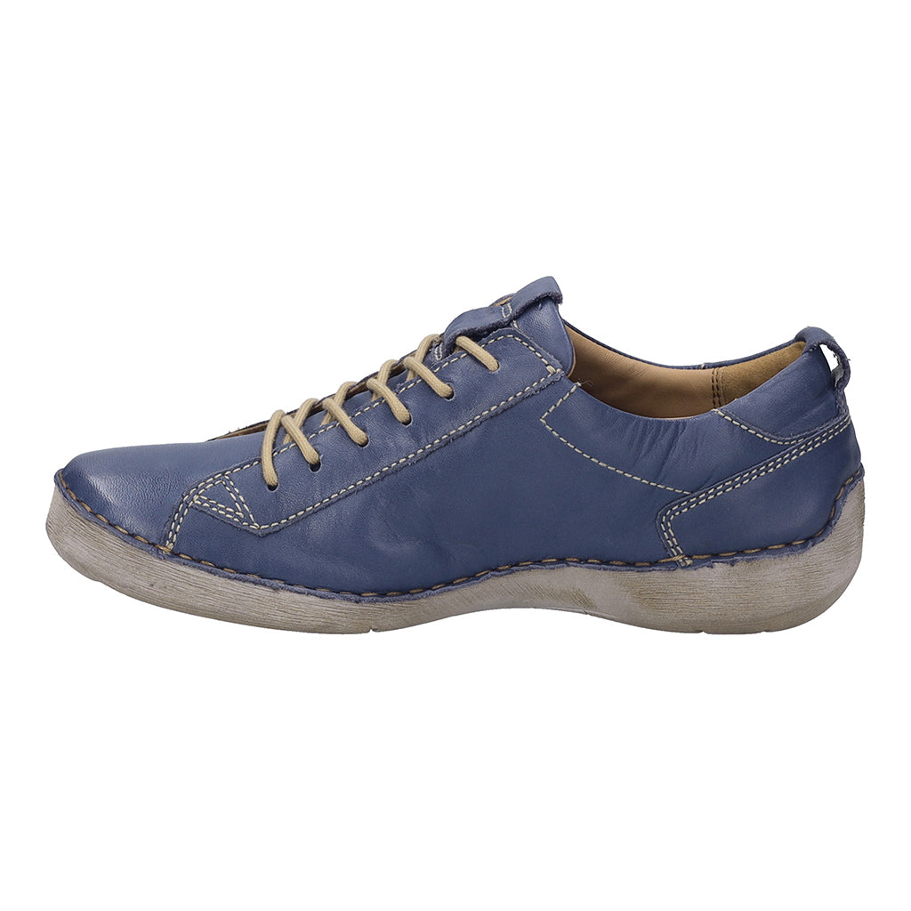 Josef Seibel Fergey 56 Ladies Navy Leather Lace-Up Trainers with arch support and casual slip-on design.