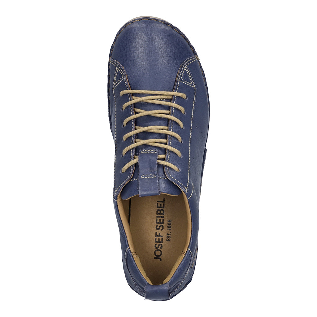 Josef Seibel Fergey 56 ladies navy leather lace-up trainers with arch support and beige laces.