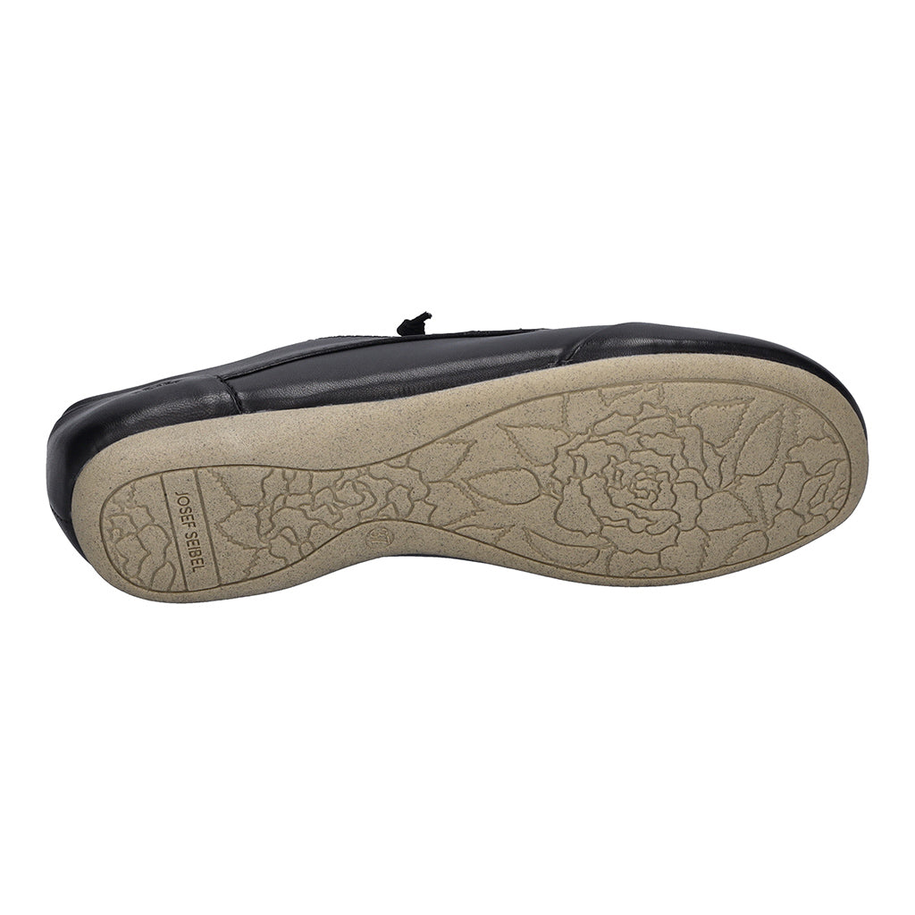 Josef Seibel Fiona 01 women's black leather lace-up shoes with arch support and floral patterned rubber outsole.