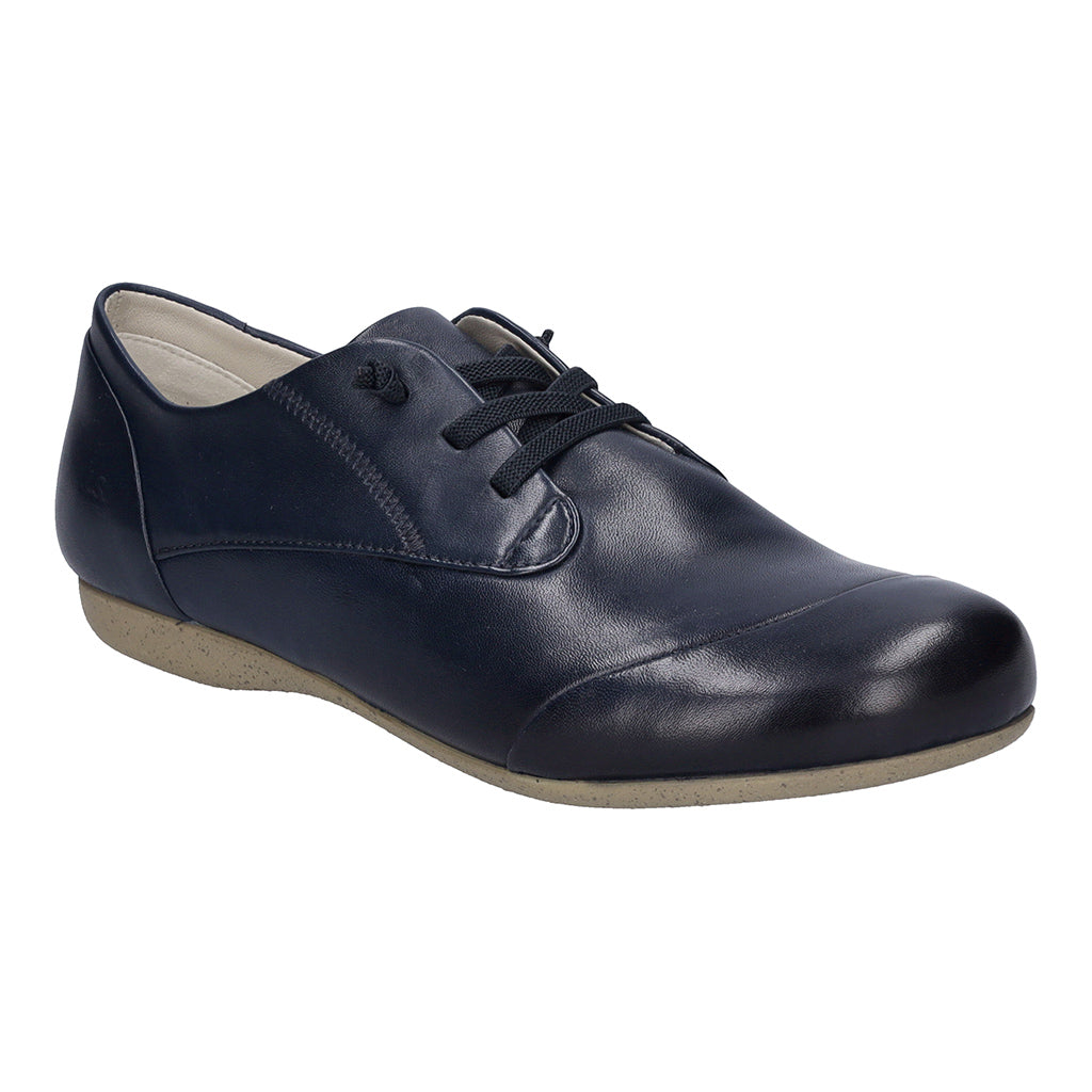 Josef Seibel Fiona 01 ladies navy leather lace-up shoes with arch support and a comfortable beige sole.