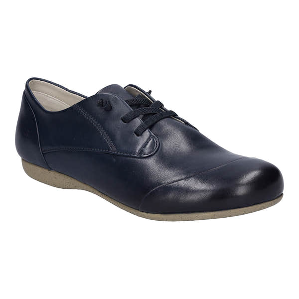 Josef Seibel Fiona 01 ladies navy leather lace-up shoes with arch support and a comfortable beige sole.
