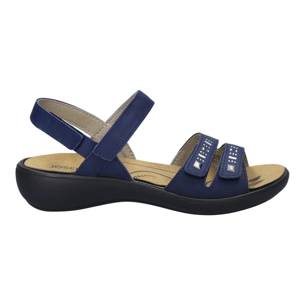 Josef Seibel Ibiza 86 ladies' ocean blue leather sandals with touch-fastening straps and a cushioned sole.