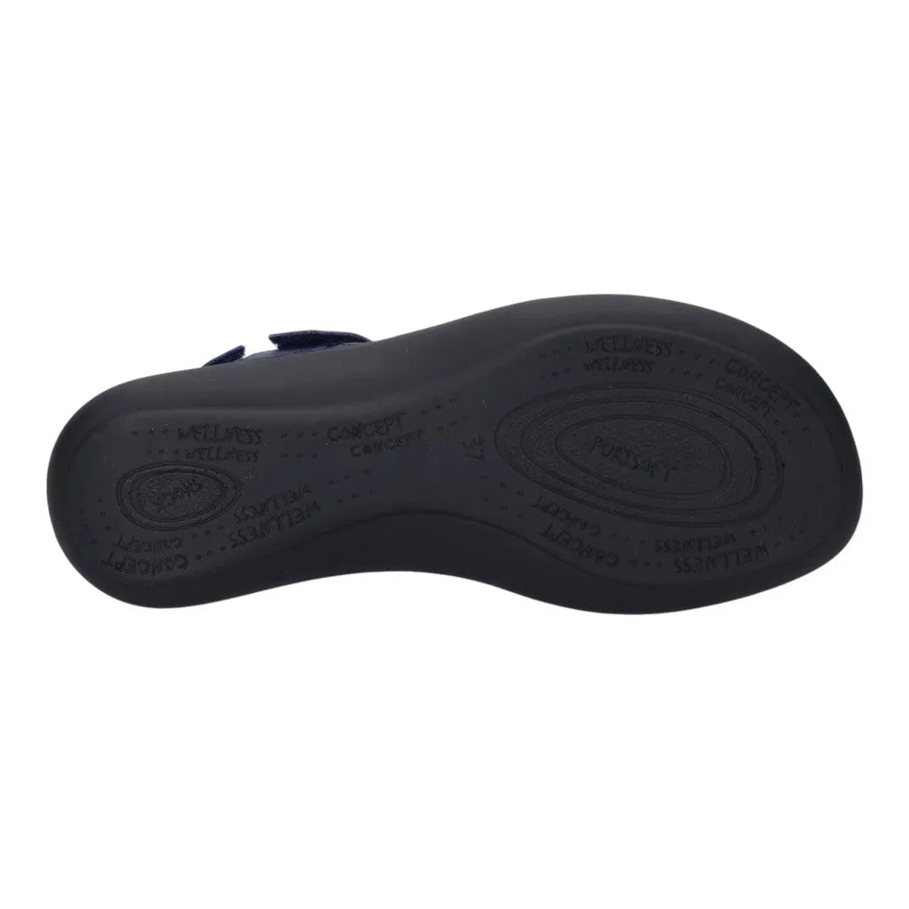 Black leather sandals with touch-fastening straps, cushioned sole, and 