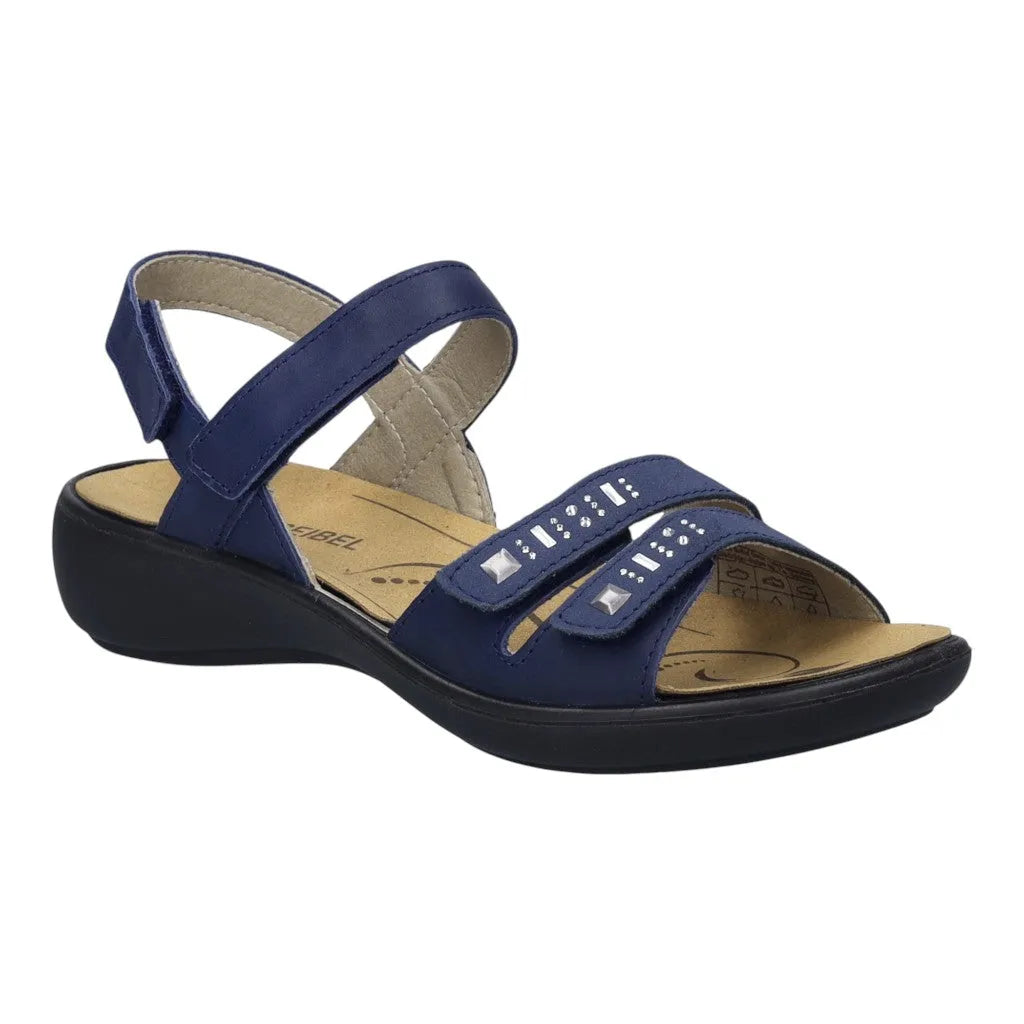 Josef Seibel Ibiza 86 ladies navy leather touch fastening sandals with cushioned insole and low black wedge heel.