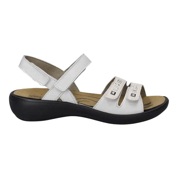 White leather touch fastening sandals with a comfortable black sole and adjustable straps for a secure fit.
