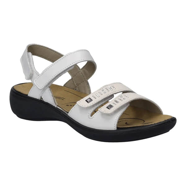 White leather touch fastening sandals with adjustable straps and a cushioned insole, featuring a low black wedge heel.