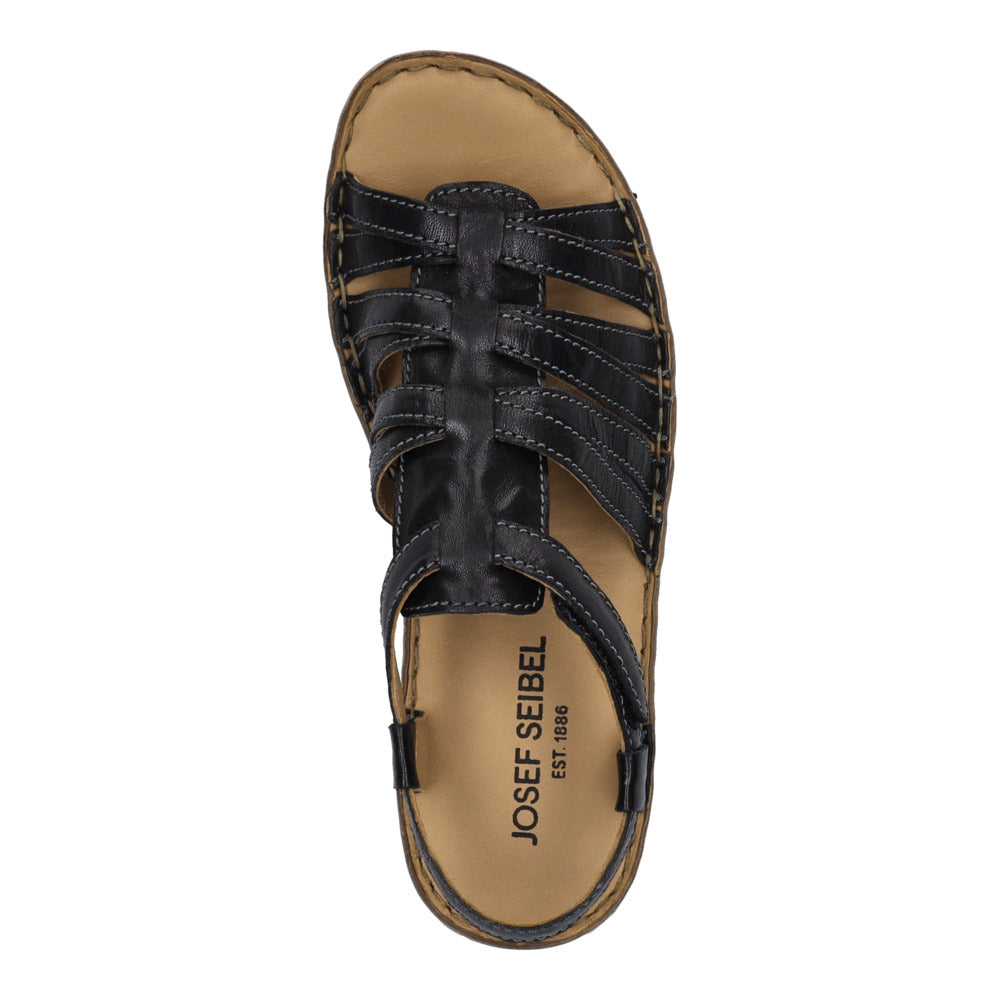 Josef Seibel Ivy 02 women's black leather touch-fastening sandal with open toe and cushioned insole.