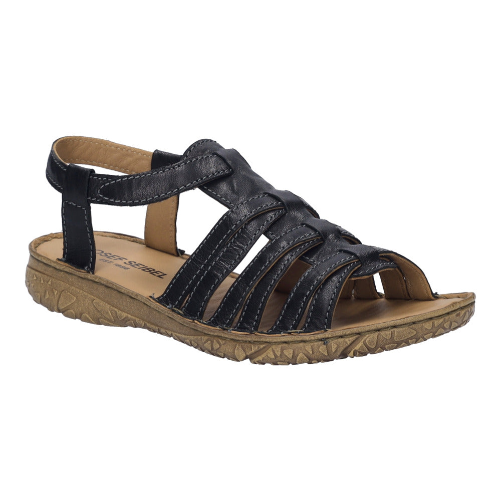 Josef Seibel Ivy 02 women's black leather sandals with touch fastenings and a textured rubber sole.