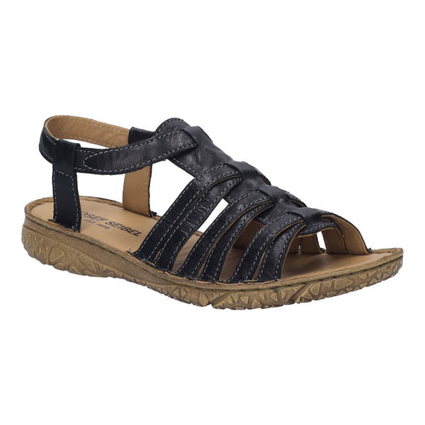 Josef Seibel Ivy 02 women's black leather sandals with touch fastenings and a textured rubber sole.