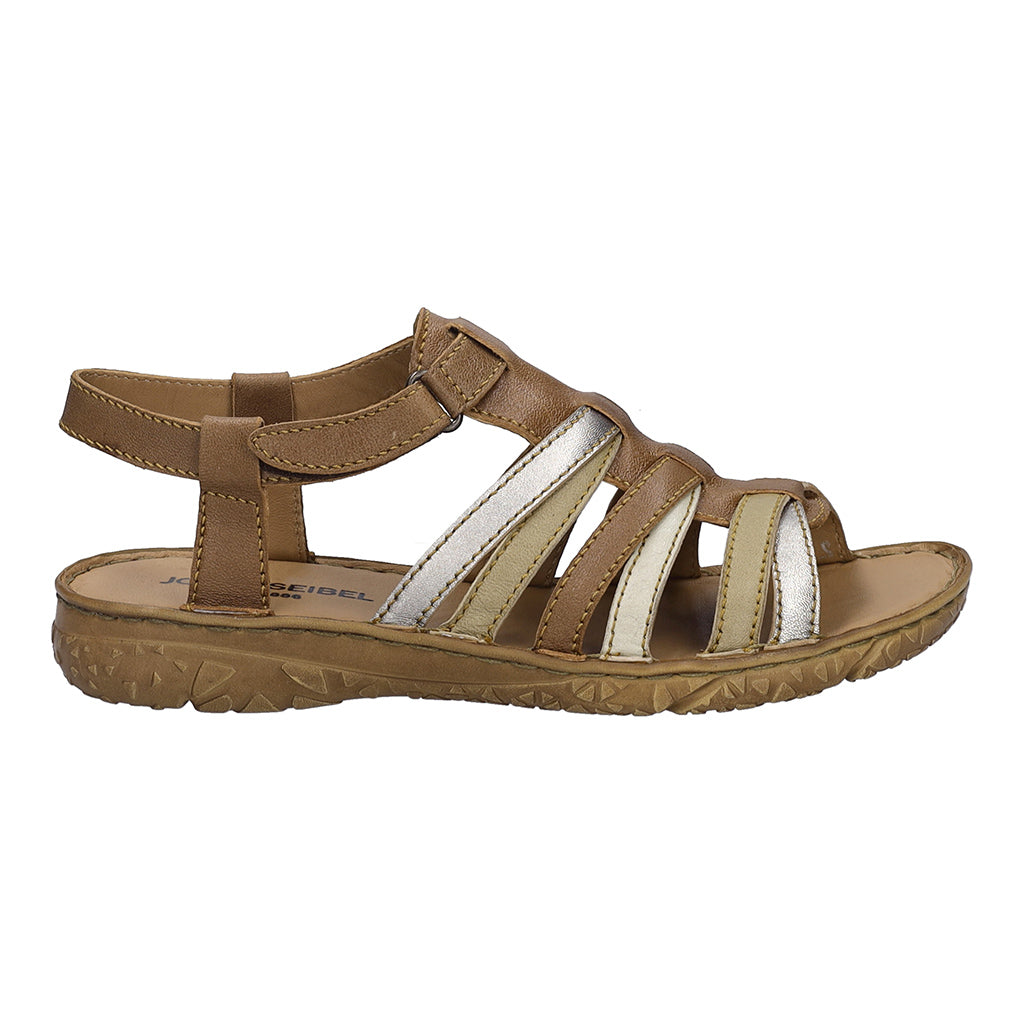 Josef Seibel Ivy 02 women's multi-color leather sandals with touch-fastening straps in chestnut, beige, and silver.