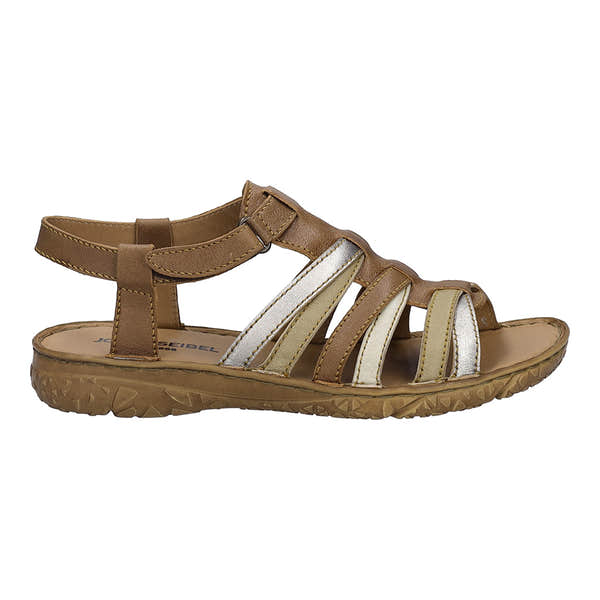 Josef Seibel Ivy 02 women's multi-color leather sandals with touch-fastening straps in chestnut, beige, and silver.