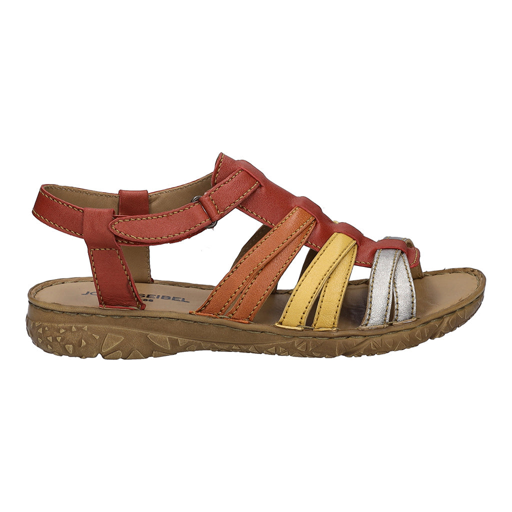 Josef Seibel Ivy 02 ladies red multi leather touch fastening sandals with multicolor straps and cushioned sole.