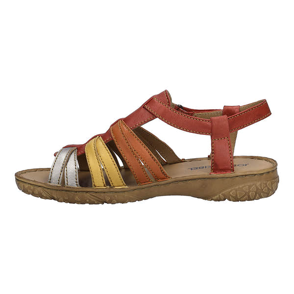 Josef Seibel Ivy 02 women's multi-color leather sandals with touch fastening in red, yellow, and silver, cushioned sole, open toe design.