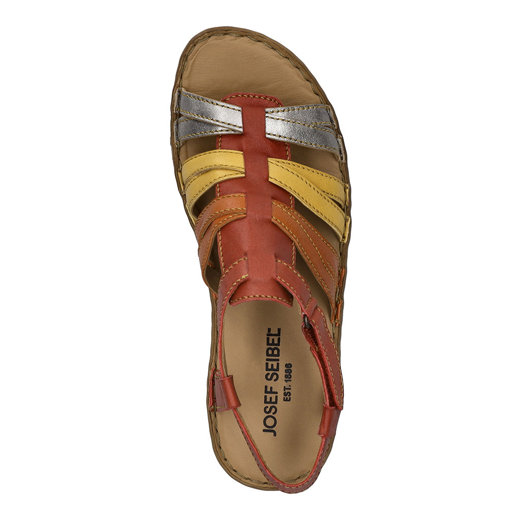 Josef Seibel Ivy 02 women's multi-colored leather sandals with touch fastening, in red, yellow, silver, and orange.