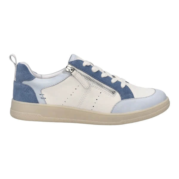 Josef Seibel Jade 05 ladies ice blue multi leather lace-up trainer with side zipper, rubber sole, and mix of smooth and suede leather materials.