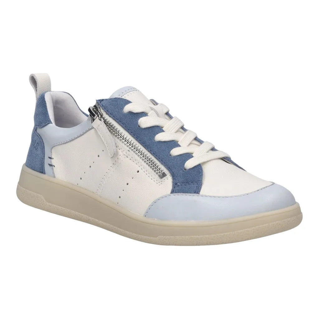 Josef Seibel Jade 05 ladies ice blue multi leather lace-up trainer with side zipper, white and blue details, and cream rubber sole.