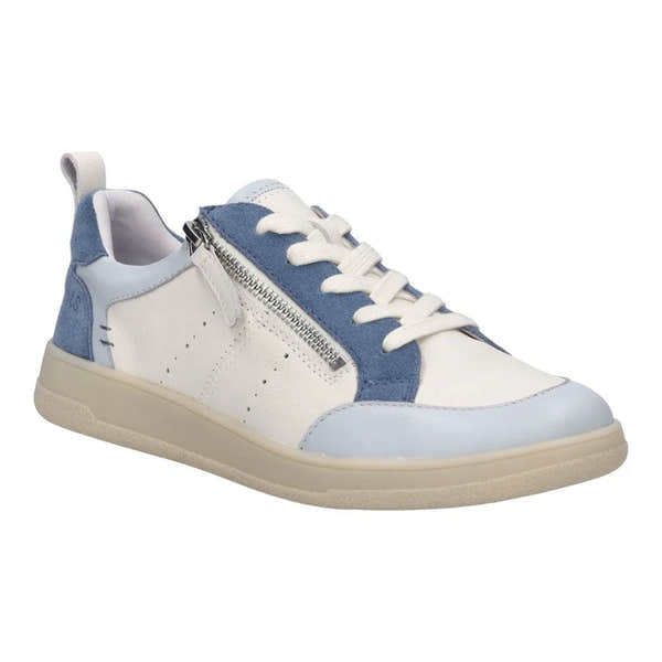 Josef Seibel Jade 05 ladies ice blue multi leather lace-up trainer with side zipper, white and blue details, and cream rubber sole.