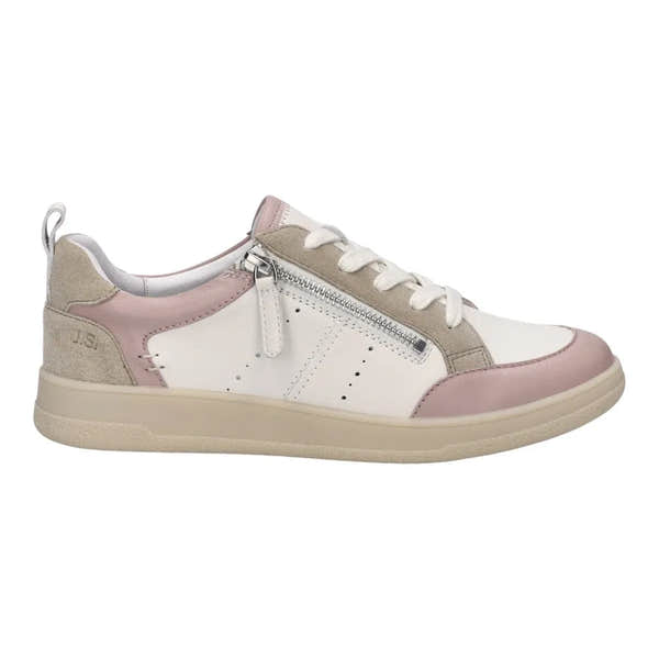 Josef Seibel Jade 05 ladies' pink, white, and beige leather lace-up trainer with side zipper and mixed materials.