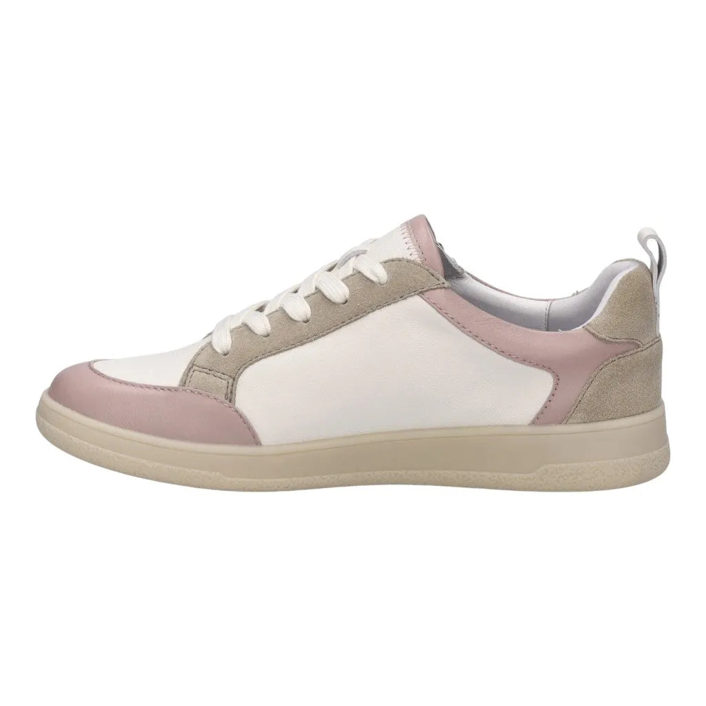 Josef Seibel Jade 05 ladies pink and beige leather lace-up trainers with suede accents and a beige rubber sole.