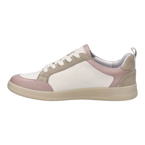 Josef Seibel Jade 05 ladies pink and beige leather lace-up trainers with suede accents and a beige rubber sole.