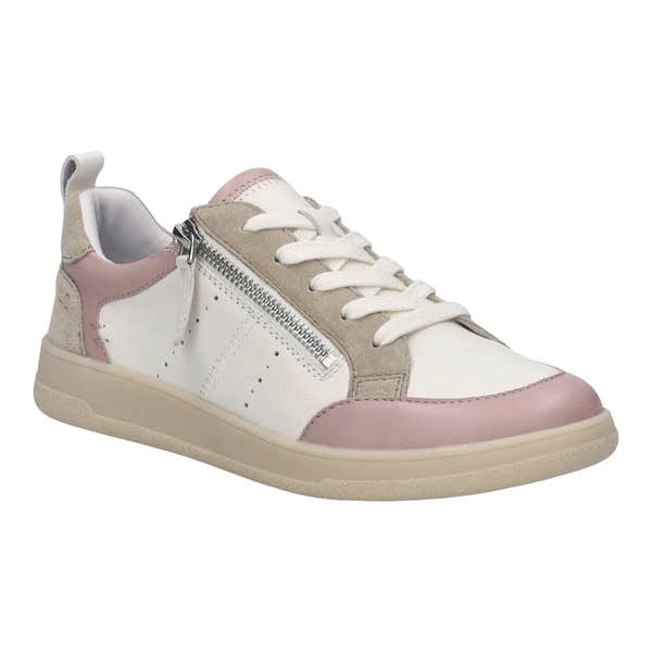 Josef Seibel Jade 05 ladies' pink, white, and beige leather lace-up trainers with side zipper, cushioned sole, and multi-material details.