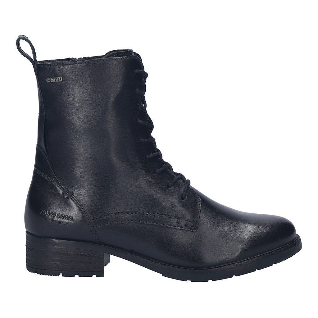 Josef Seibel Kate 50 women's black waterproof leather ankle boots with zip and lace, arch support, and traction sole.