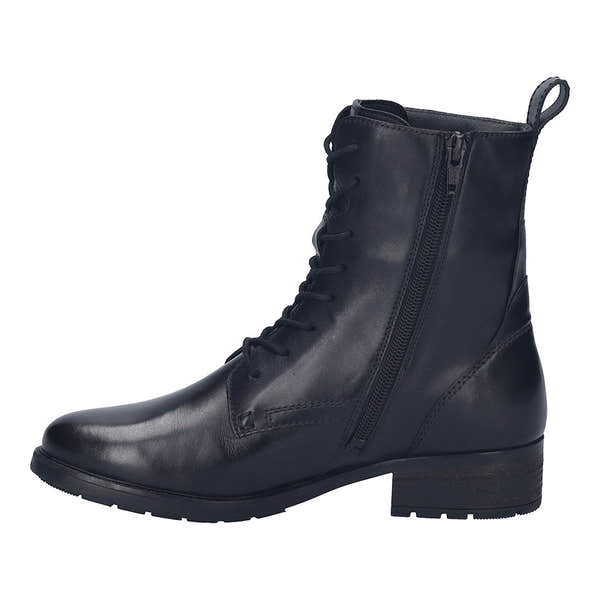 Josef Seibel Kate 50 women's black waterproof leather ankle boots with lace-up and side zipper, arch support, and chunky heel.