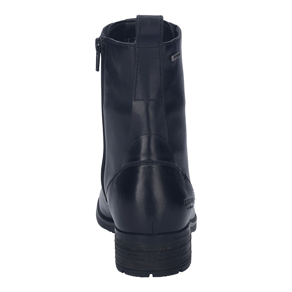 Josef Seibel Kate 50 women's black leather waterproof ankle boots with zip, lace-up design, arch support, and sturdy heel.