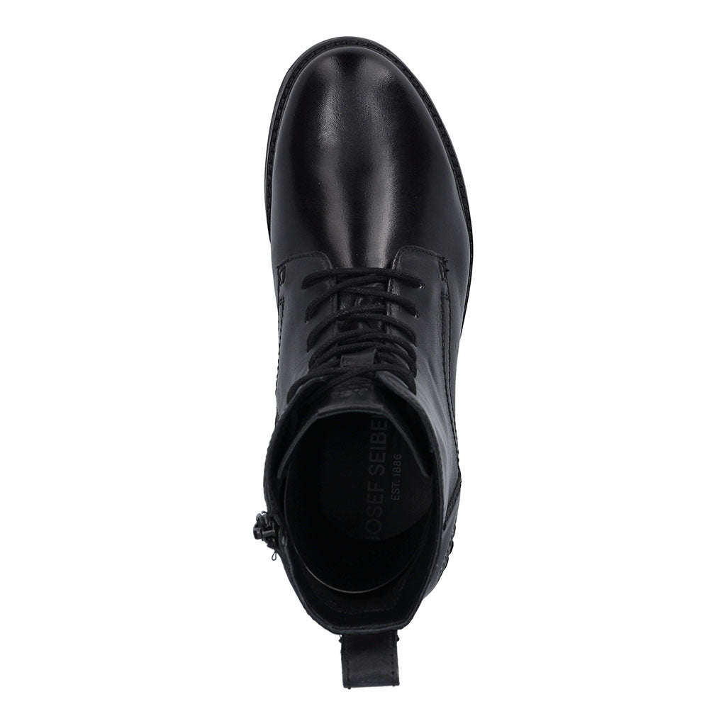 Josef Seibel Kate 50 women's black waterproof leather ankle boots with zip and lace closure, arch support, and rugged sole.